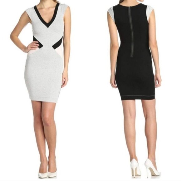 FRENCH CONNECTION Bodycon Dress Color Block Cap Sleeve Vneck Fitted - Picture 1 of 16